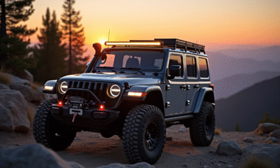 Véhicule 4x4 sur sentier de montagne au coucher de soleil