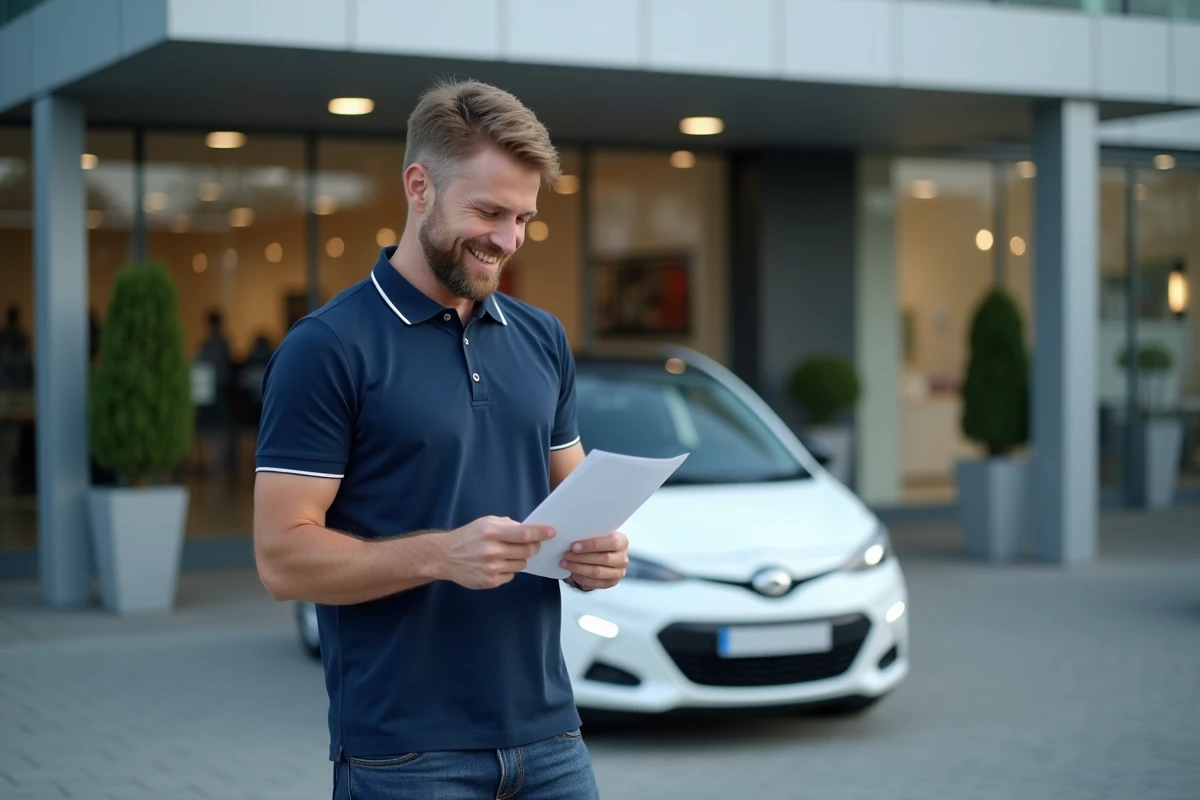 Homme tenant un document de financement devant une voiture neuve blanche dans un hall de concession automobile