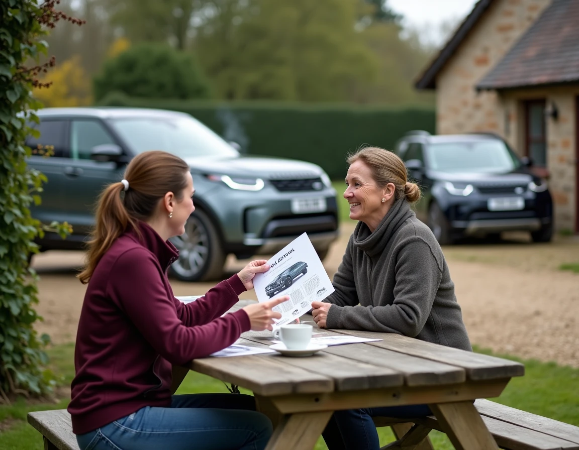 Deux femmes discutant d'une adhésion à un club landiste autour d'un brochure, avec un Land Rover Discovery en arrière-plan