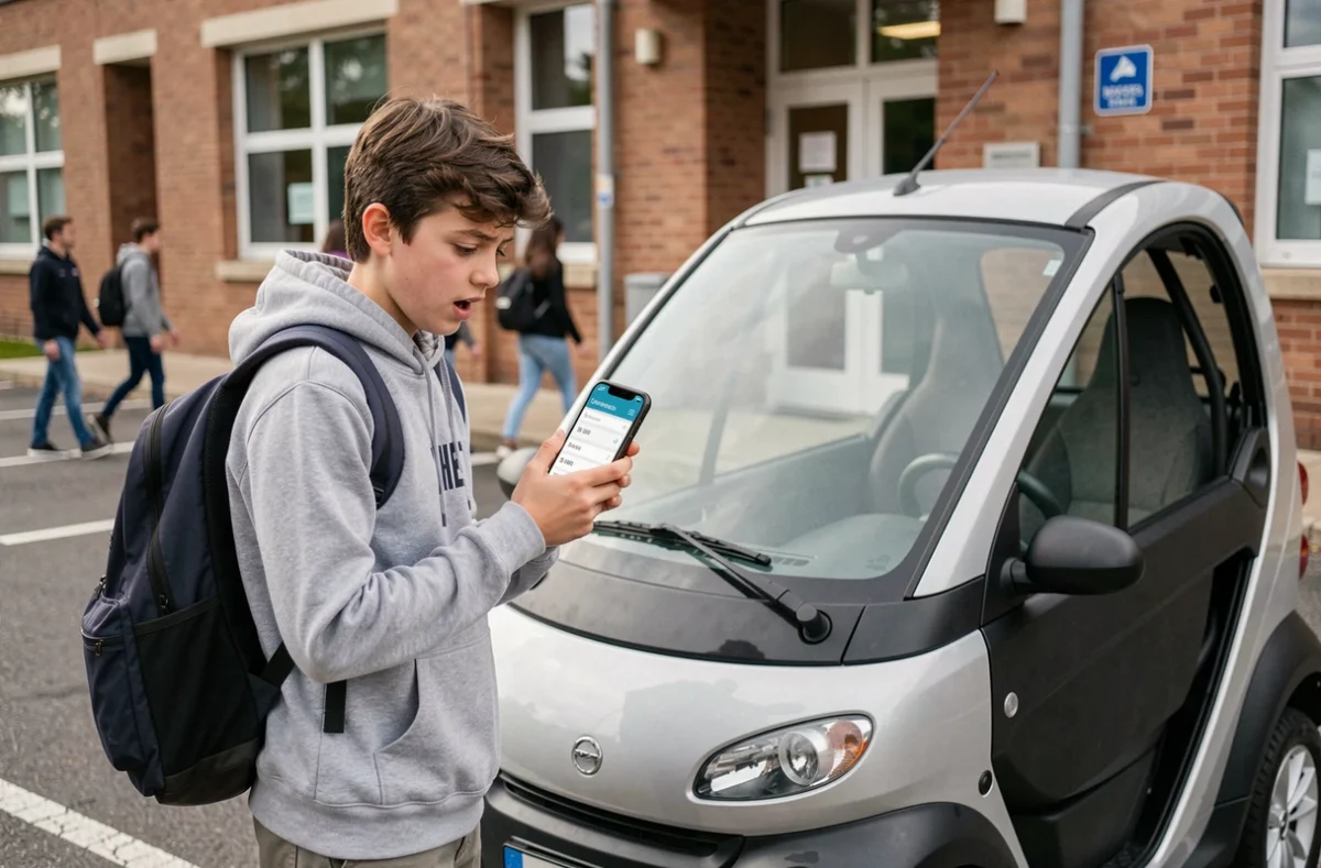 Adolescent consultant une application de comparaison d'assurance voiture sans permis près de son véhicule devant une école