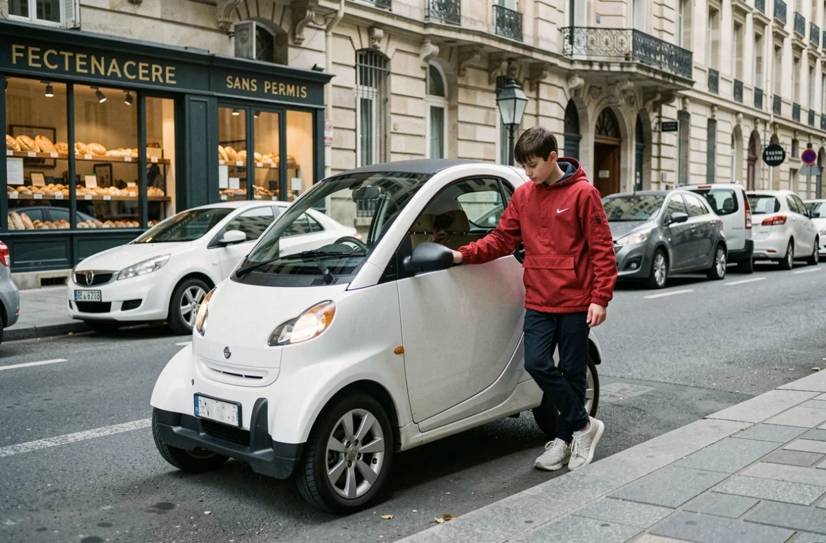 Adolescent sortant d'une voiture sans permis dans une rue commerçante française