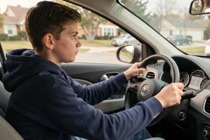 Jeune adolescent au volant d'une voiture sans permis dans un environnement urbain