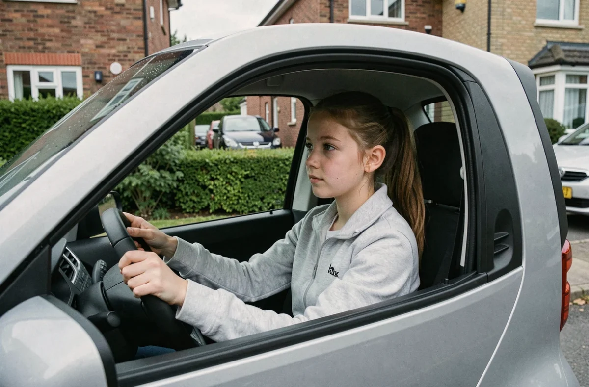 Adolescente assise dans une voiturette électrique sans permis devant une maison