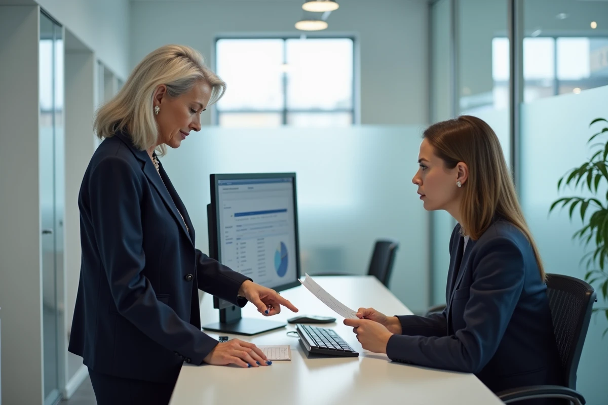 Cliente en agence Groupama consultant son espace client avec un conseiller pour obtenir le numéro d'assistance