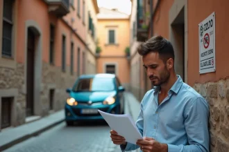 Homme inspectant un avis d'amende à côté d'une voiture de location dans une rue italienne avec panneau ZTL