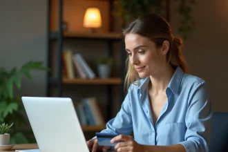 Femme utilisant un ordinateur portable pour booster une annonce payante sur Leboncoin avec sa carte bancaire