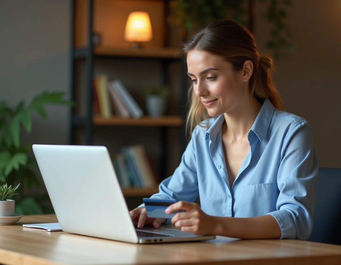 Femme utilisant un ordinateur portable pour booster une annonce payante sur Leboncoin avec sa carte bancaire