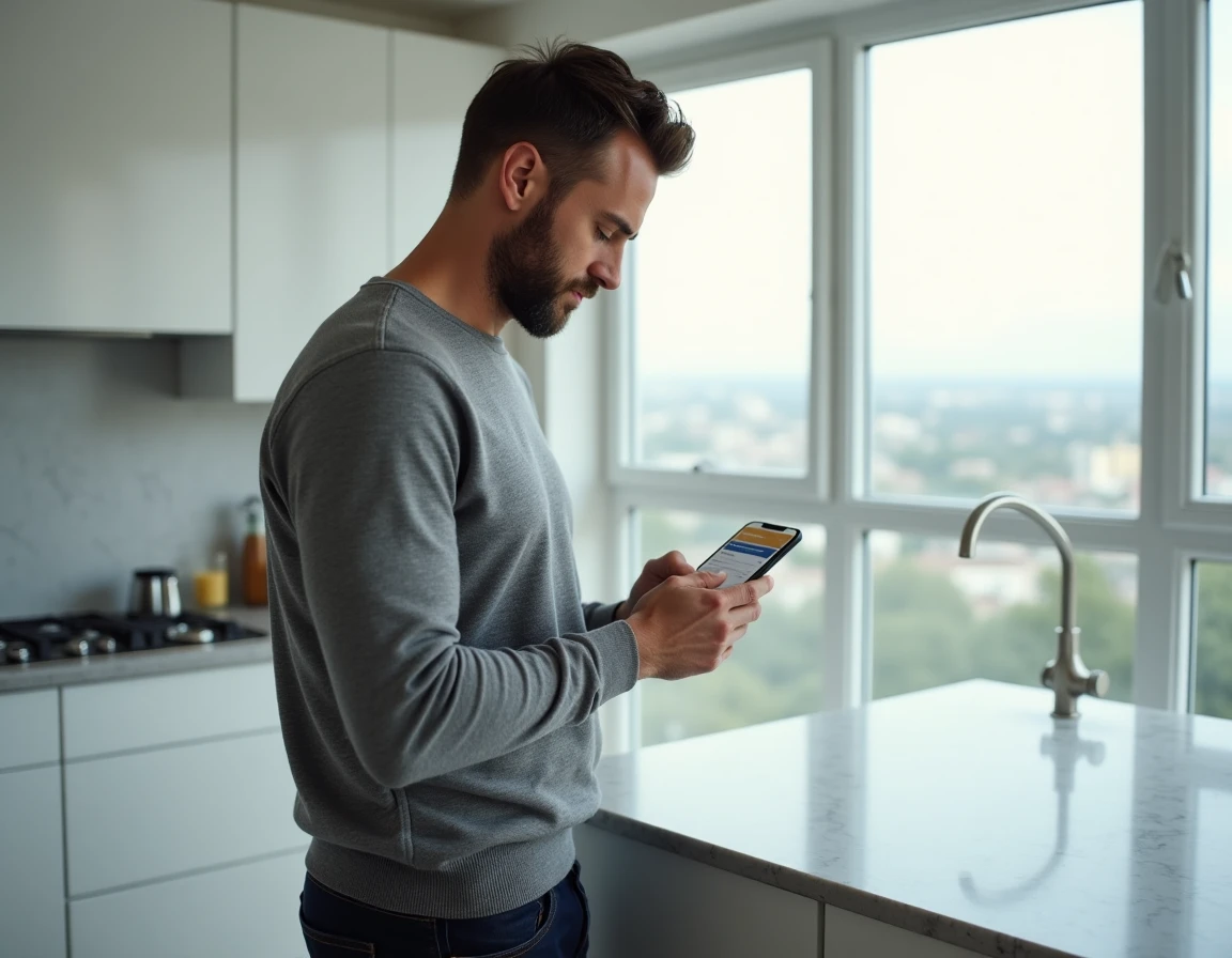 Homme consultant son smartphone pour gérer une annonce sponsorisée sur une application de petites annonces