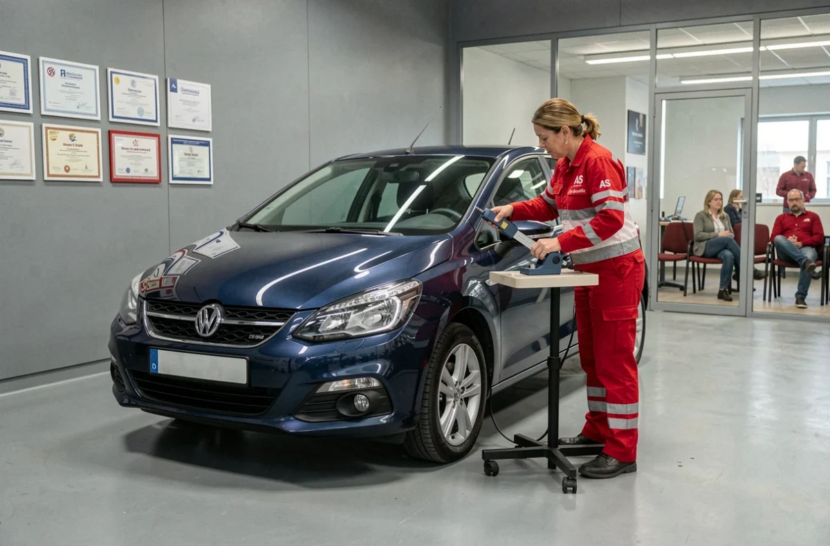 Technicienne AS Auto Sécurité réglant les phares d'une voiture sur l'avenue de Lardenne à Toulouse