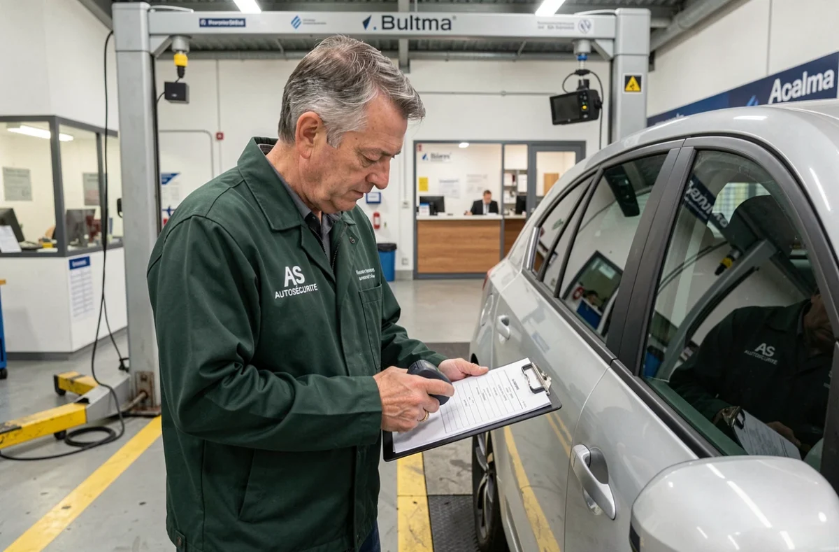 Technicien AS Autosécurité vérifiant le système de freinage d'une voiture compacte à Balma