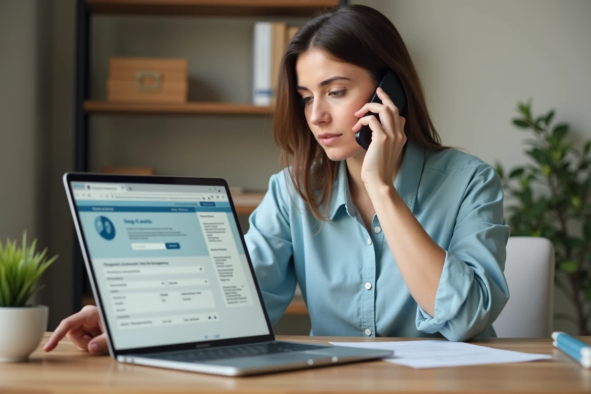 Femme appelant l'assistance Groupama depuis son espace client en ligne sur ordinateur portable