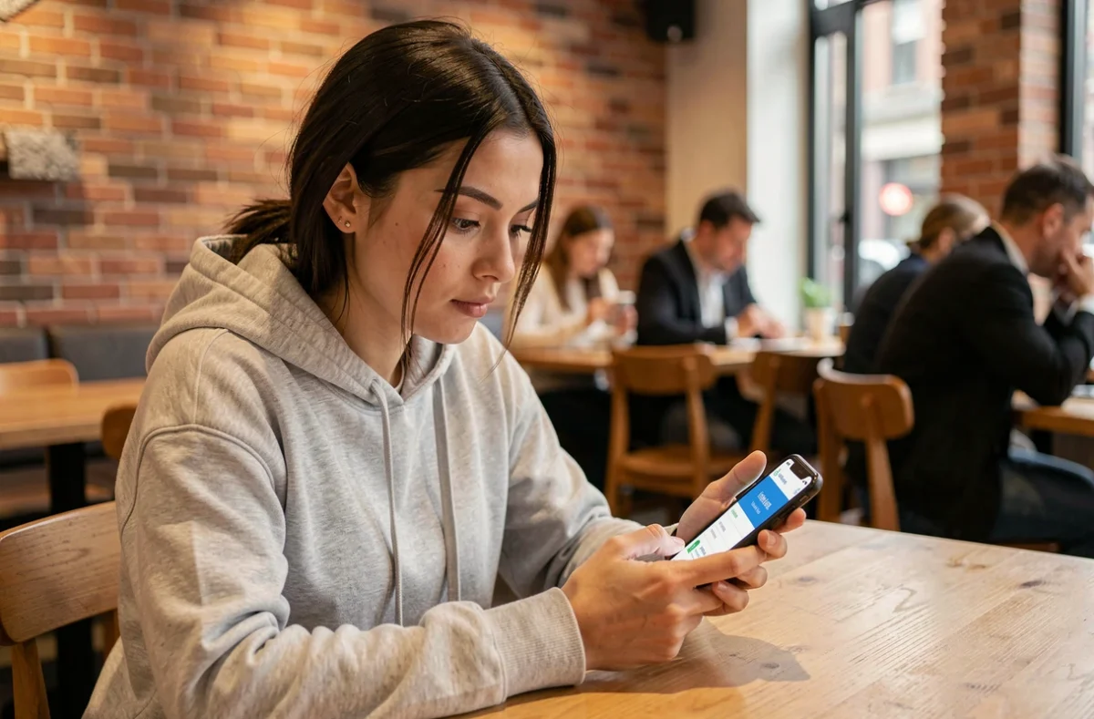 Jeune femme souscrivant une assurance moto 125 en ligne depuis son smartphone dans un café urbain