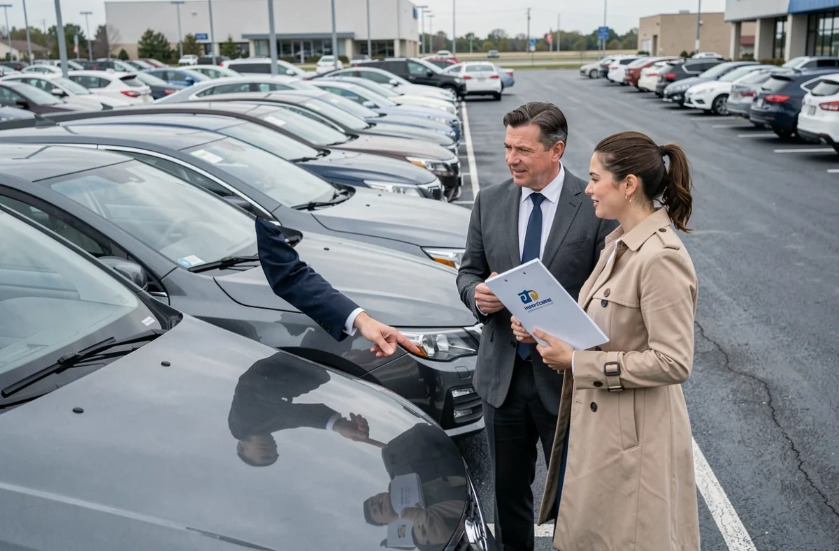 Deux professionnels discutant d'une assurance flotte automobile dans un parking d'entreprise