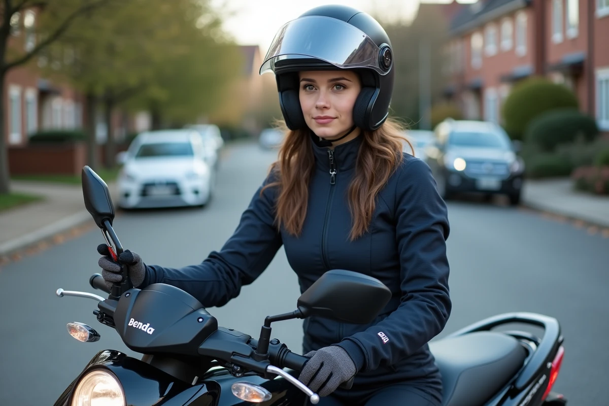 Jeune femme sur une moto BENDA 125 consultant son smartphone pour comparer des assurances moto