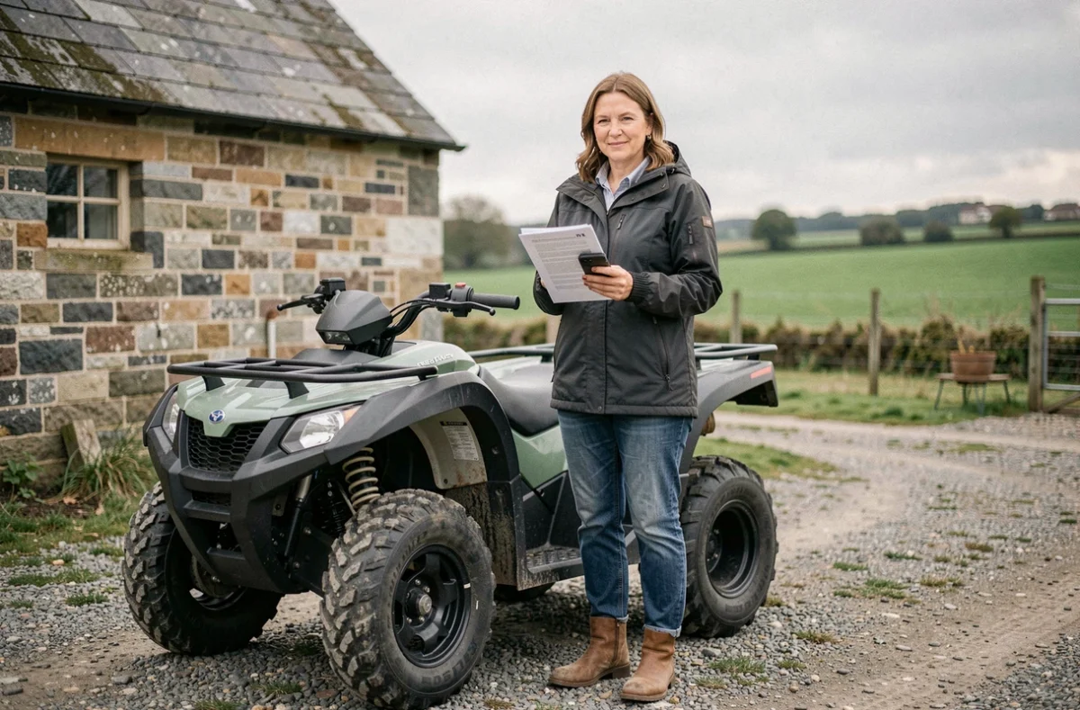 Femme consultant des documents d'assurance à côté d'un quad de loisir dans une cour agricole, comparaison des tarifs selon le modèle