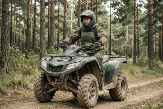 Homme équipé sur un quad tout-terrain garé sur un sentier forestier, illustration du coût d'assurance quad selon l'usage