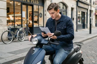 Jeune homme assis sur un scooter urbain consultant son téléphone pour vérifier son assurance scooter sans BSR