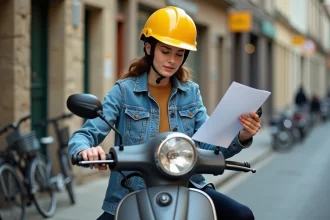 Jeune femme avec casque jaune consultant un document d'assurance sur un scooter 50cc garé dans une rue française