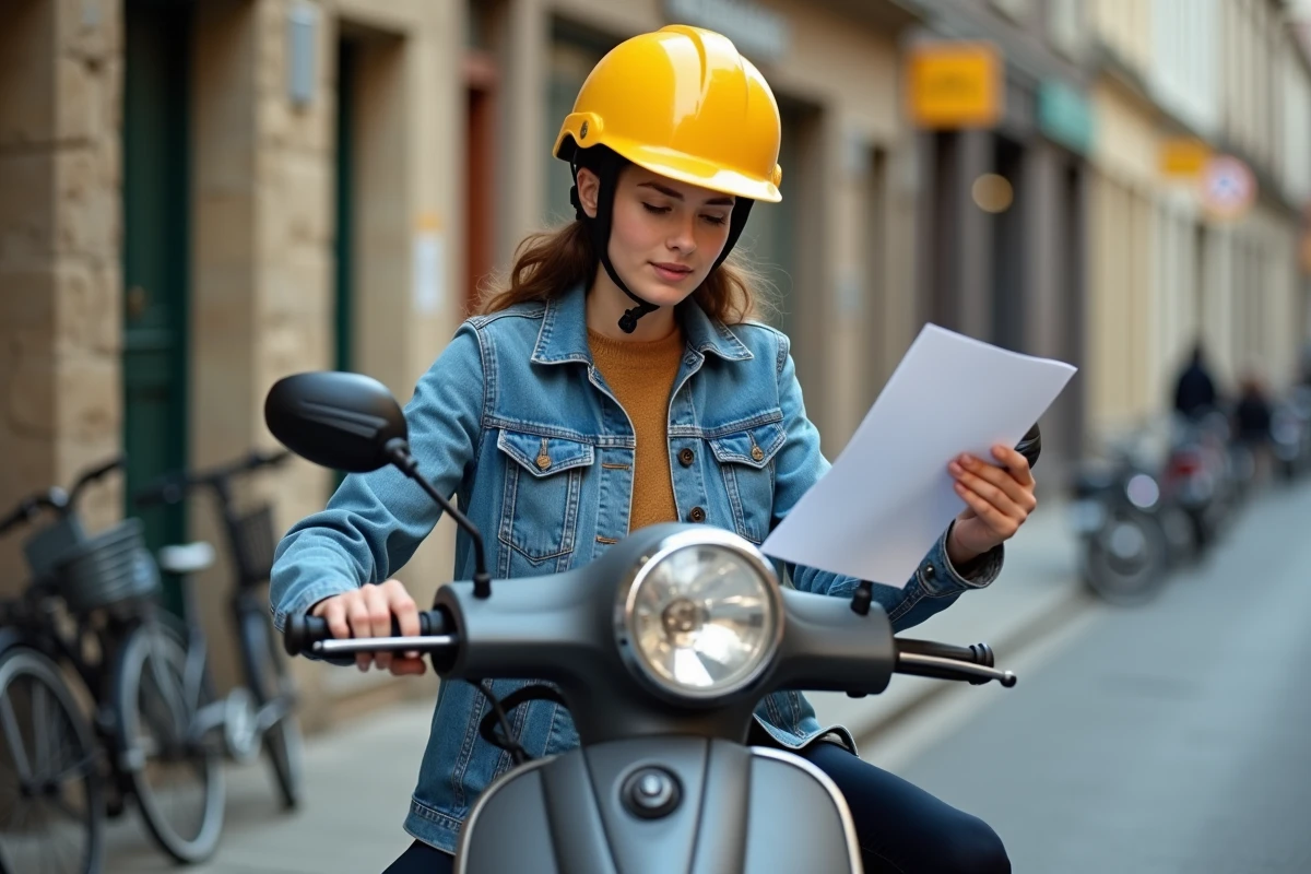 Jeune femme avec casque jaune consultant un document d'assurance sur un scooter 50cc garé dans une rue française
