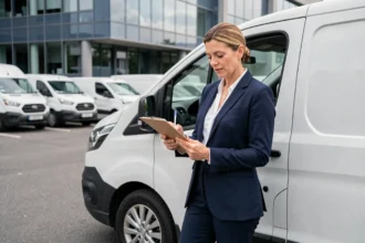 Femme professionnelle consultant des documents d'assurance à côté d'un véhicule utilitaire blanc en zone urbaine