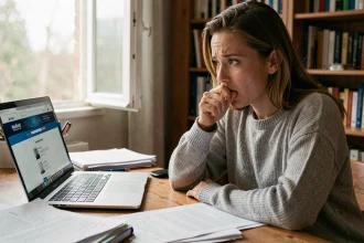 Jeune femme anxieuse qui attend les résultats de son permis de conduire en consultant un site gouvernemental sur son ordinateur portable