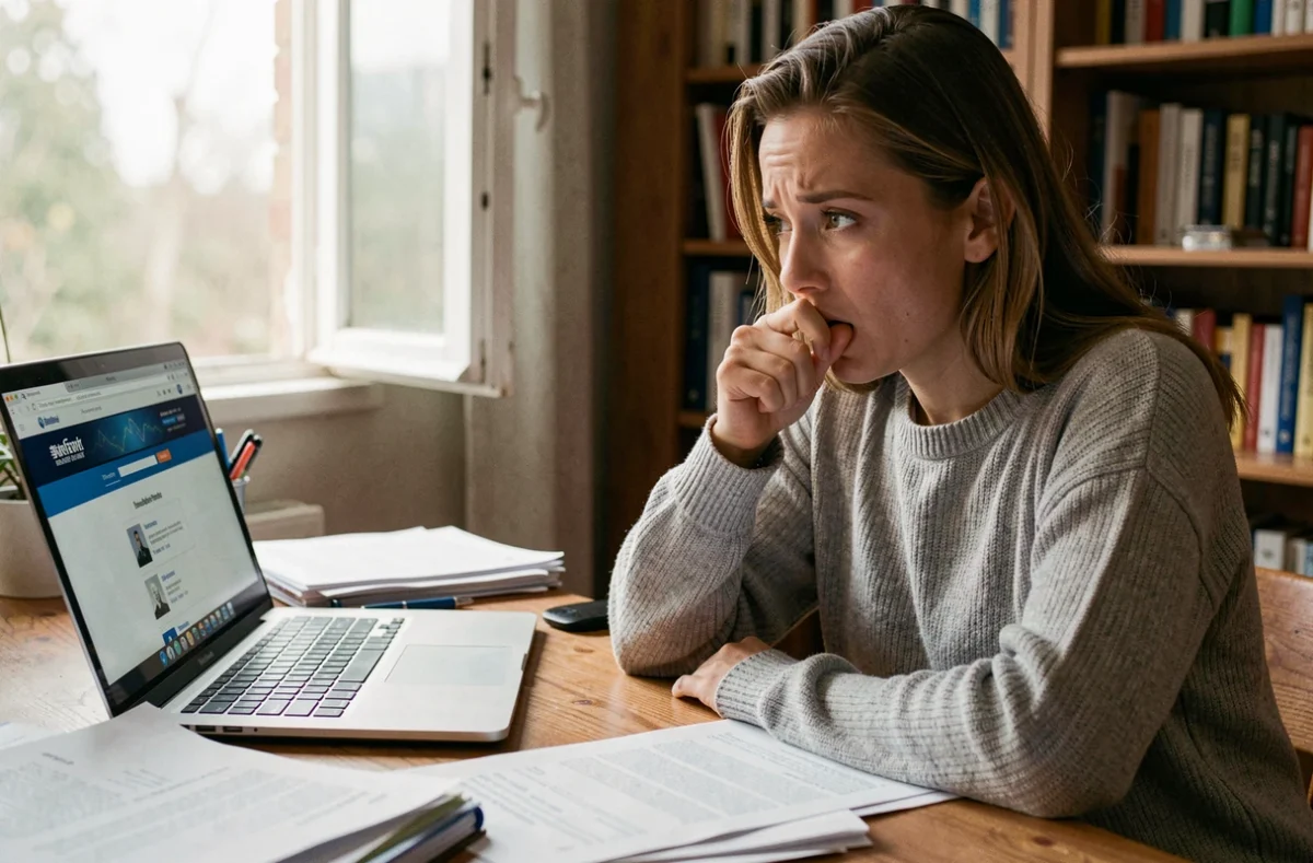 Jeune femme anxieuse qui attend les résultats de son permis de conduire en consultant un site gouvernemental sur son ordinateur portable