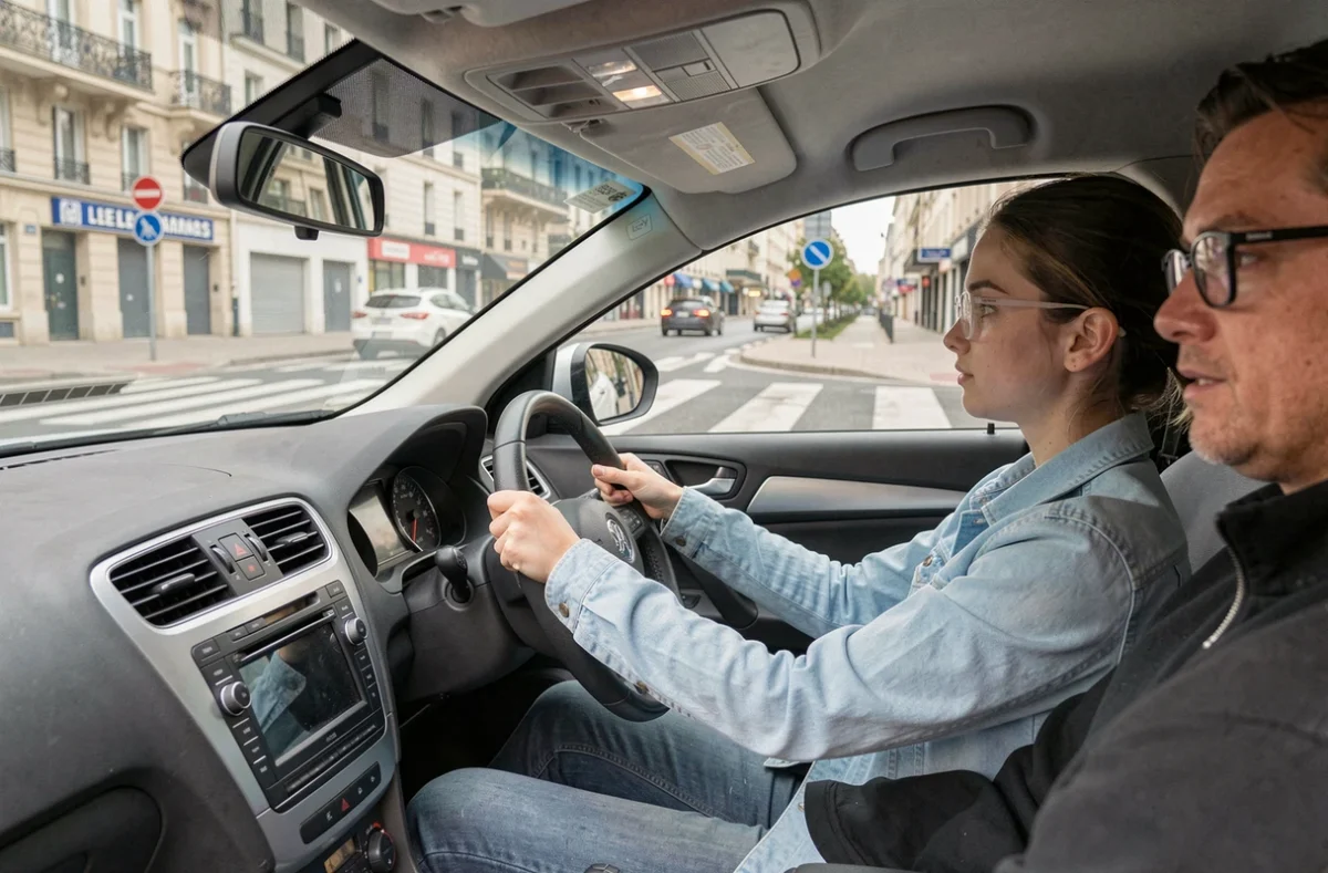 Élève de l'auto-école Cenomane au Mans concentrée au volant lors d'une leçon de conduite en milieu urbain