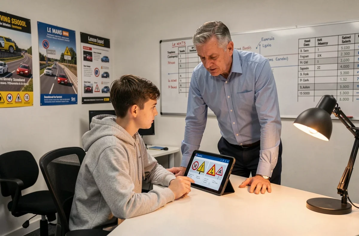 Élève de l'auto-école M2E Formations au Mans travaillant sur la formation au code de la route avec son moniteur dans les locaux