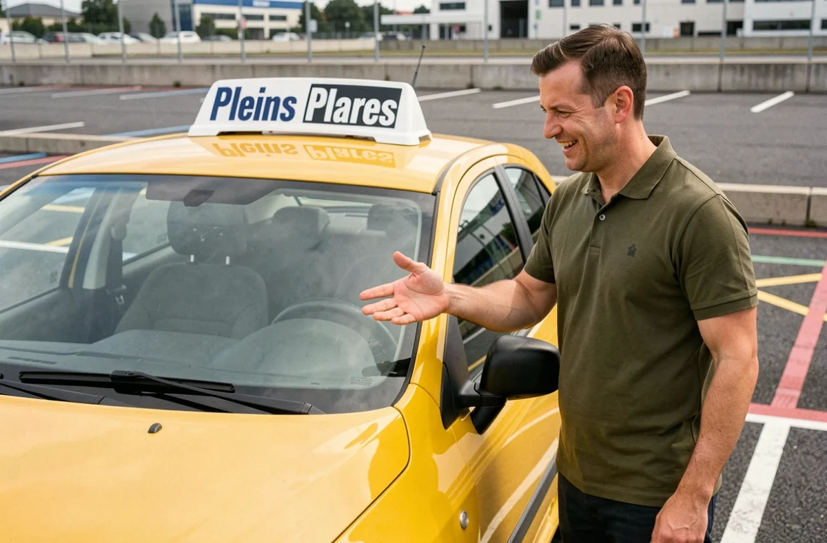 Moniteur de l'auto-école Pleins Phares au Mans expliquant un exercice de stationnement sur l'aire de manœuvre