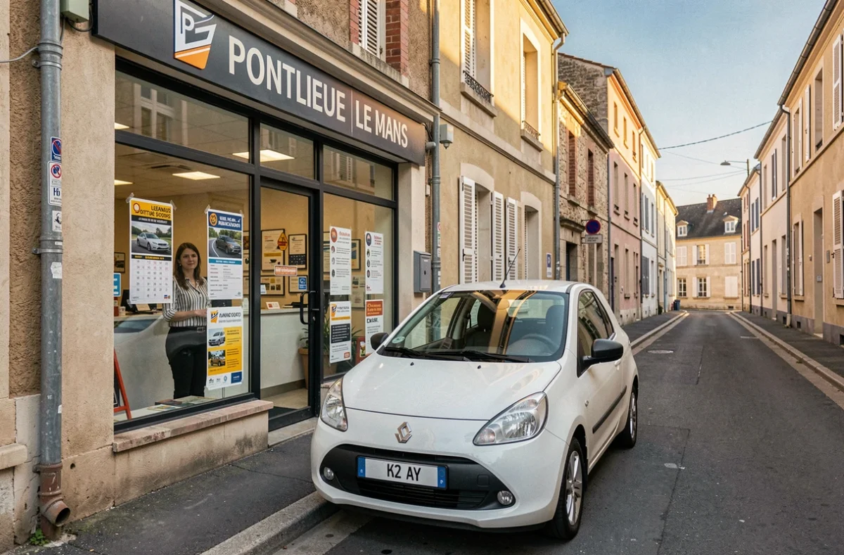 Devanture de l'auto-école de Pontlieue dans le quartier de Pontlieue au Mans avec une voiture d'élève garée devant