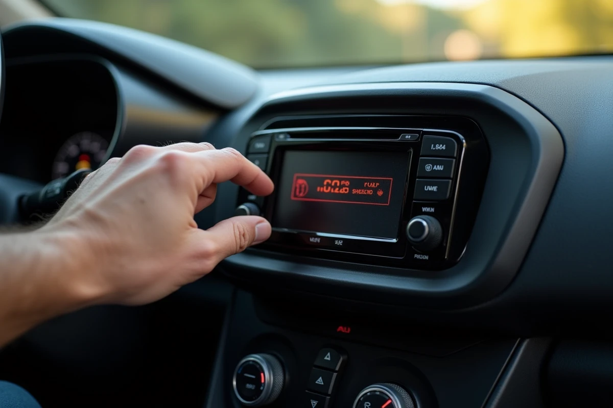 Gros plan sur l'autoradio d'origine d'une Renault Clio 4 affichant un écran de saisie de code, avec une main tendant vers les touches de déverrouillage