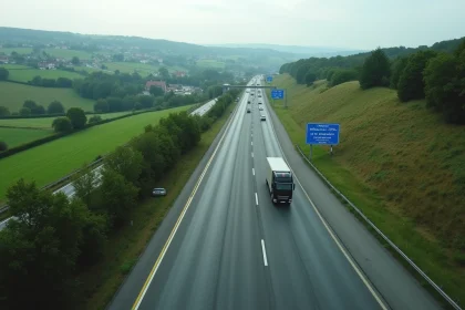 Vue aérienne d'une autoroute française traversant la campagne avec un péage visible au loin