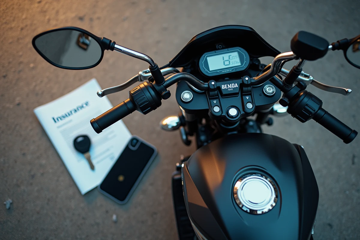 Vue aérienne d'une BENDA 125 avec documents d'assurance moto et clés posés sur l'asphalte