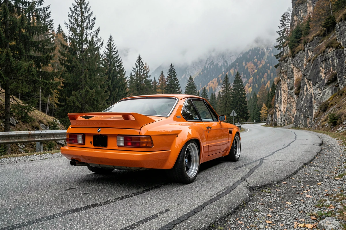 BMW 3.0 CSL orange Inka sur une route de montagne alpine, vue arrière 3/4 révélant le spoiler arrière emblématique avec un décor de forêt et de brume automnale