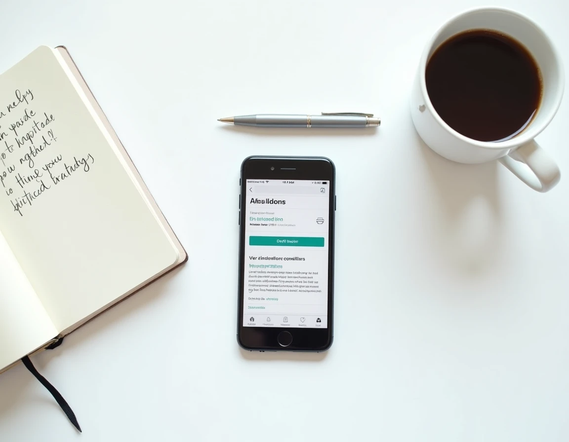 Vue de dessus d'un bureau minimaliste avec smartphone affichant une option d'annonce payante Leboncoin et carnet de notes