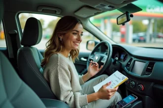 Femme calculant le coût d'essence à la main dans sa voiture avec un carnet et une application mobile sur smartphone