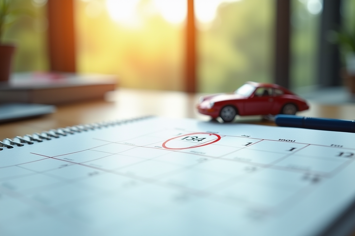Calendrier avec date entourée et jouet voiture sous lumière naturelle
