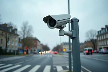 Caméra de surveillance installée sur un poteau à un carrefour urbain en France