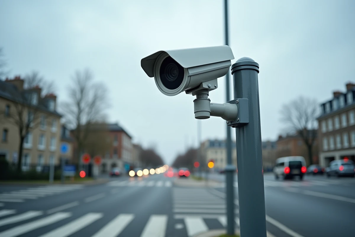 Caméra de surveillance installée sur un poteau à un carrefour urbain en France
