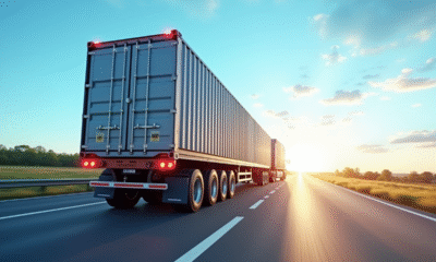 Camion moderne de 33 tonnes en mouvement sur l'autoroute ensoleillée transportant des conteneurs