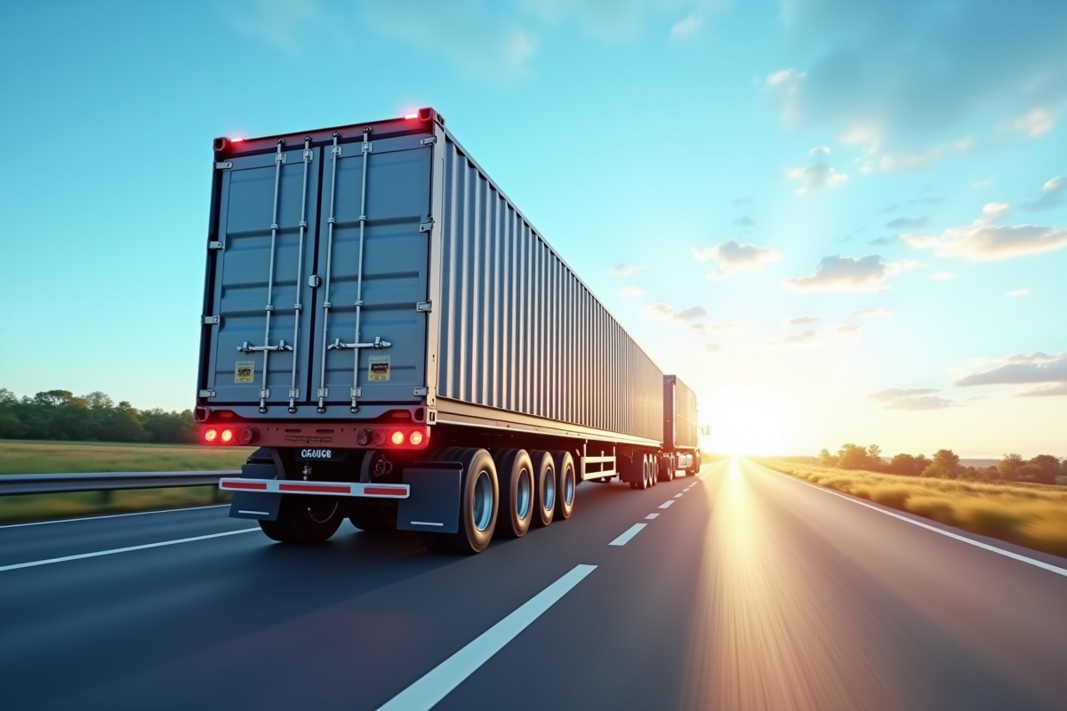 Camion moderne de 33 tonnes en mouvement sur l'autoroute ensoleillée transportant des conteneurs
