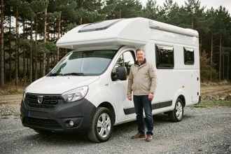 Homme debout à côté d'un camping-car Dacia aménagé garé en pleine nature, illustrant l'assurance et l'homologation d'un véhicule de loisir