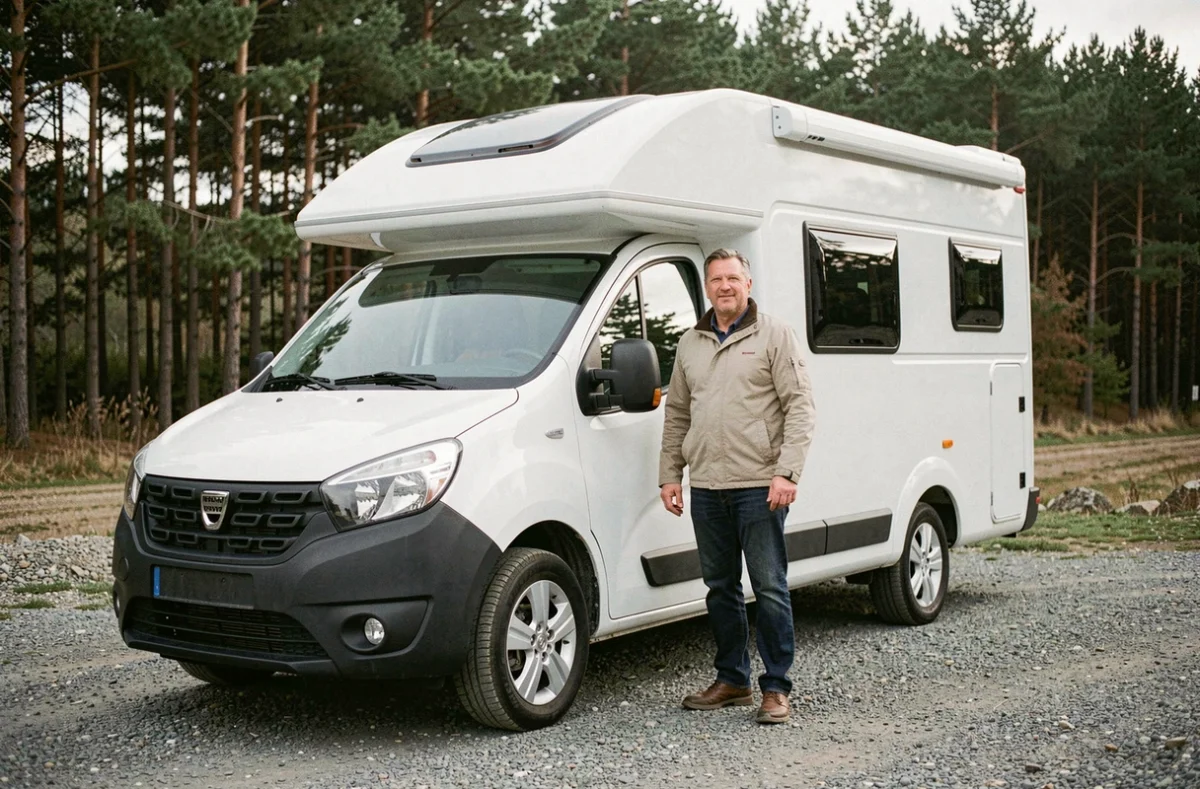 Homme debout à côté d'un camping-car Dacia aménagé garé en pleine nature, illustrant l'assurance et l'homologation d'un véhicule de loisir