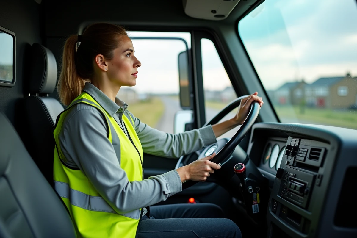 Conductrice en formation permis poids lourd assise dans la cabine d'un camion lors d'une leçon de conduite pratique en auto-école