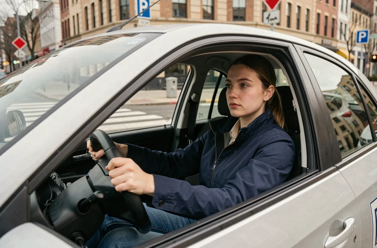 Candidate au permis de conduire concentrée au volant lors de l'épreuve pratique avec grille d'évaluation 2026