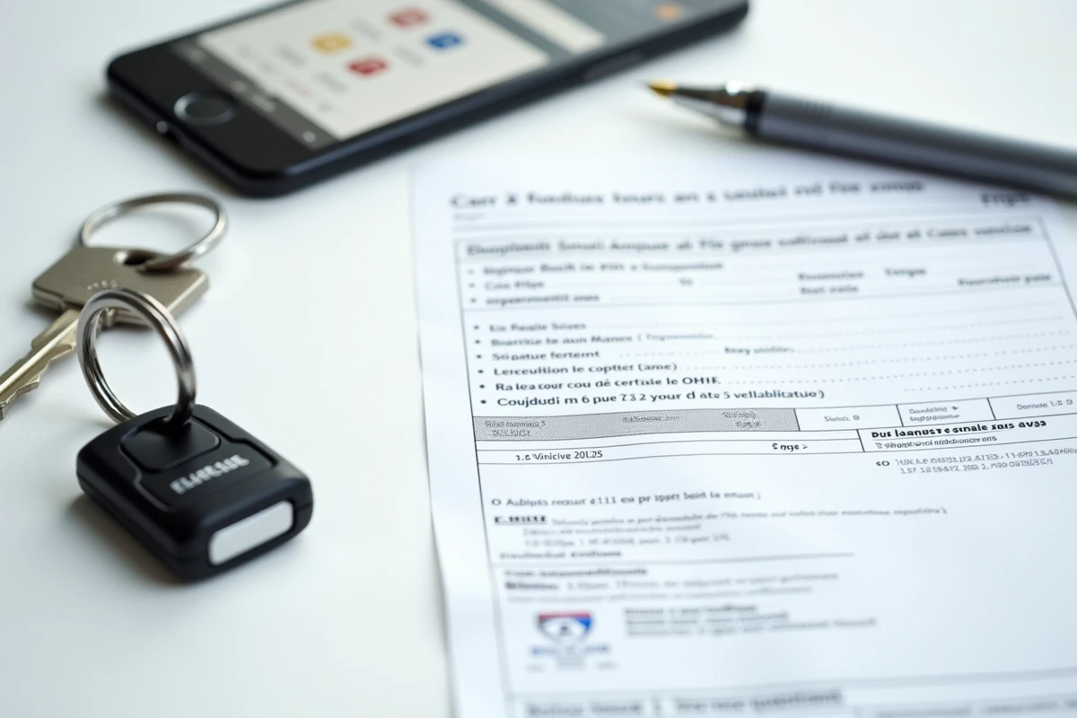 Carte grise française, clé de voiture et smartphone pour démarche d'immatriculation en ligne