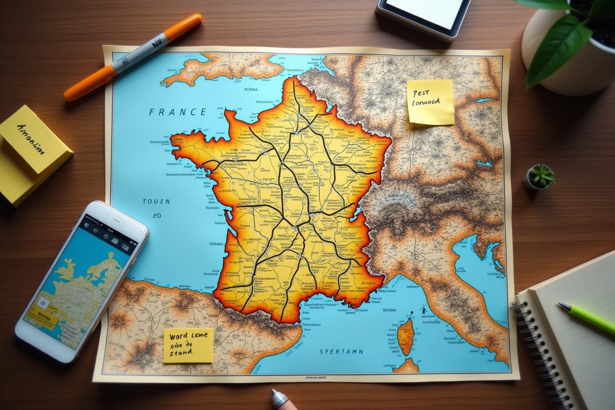 Carte routière de France avec tronçons autoroutiers surlignés et annotations de voyage