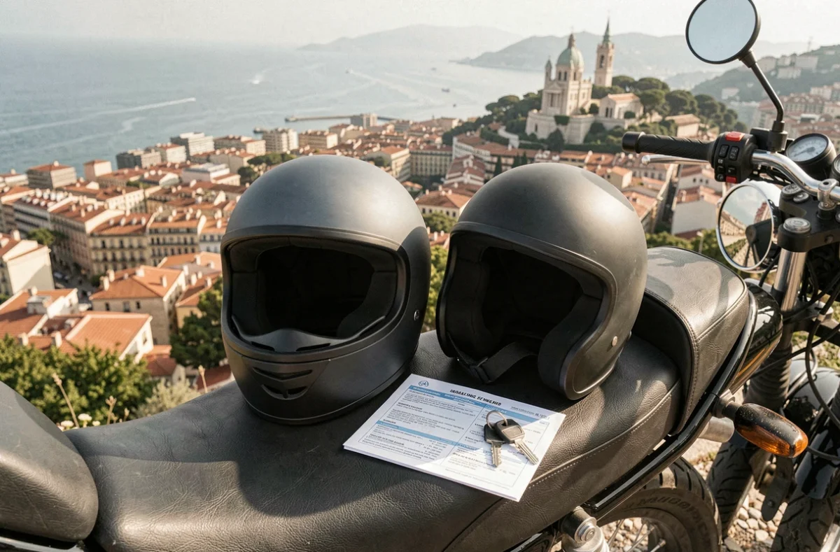 Casques de moto et document d'assurance posés sur une moto avec vue panoramique sur Marseille