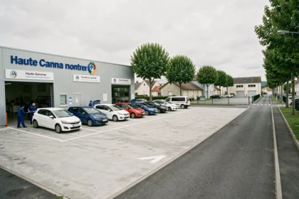 Vue large d'un centre de contrôle technique en Haute-Garonne avec des voitures en attente et des techniciens en uniforme