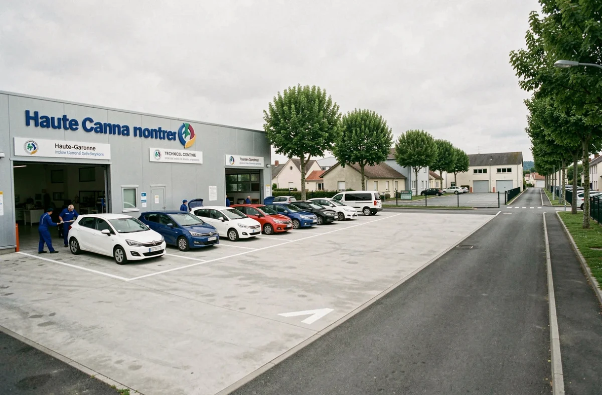 Vue large d'un centre de contrôle technique en Haute-Garonne avec des voitures en attente et des techniciens en uniforme